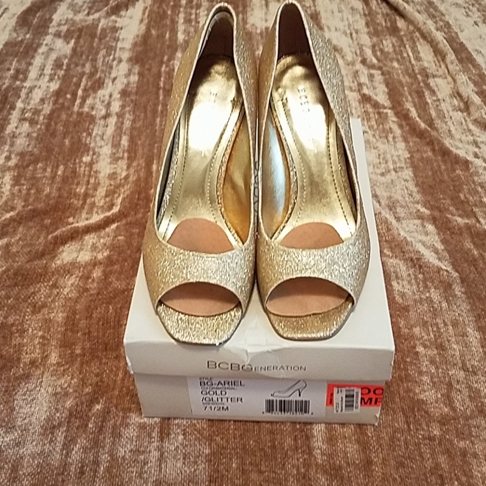 BCBGeneration Ariel Gold Glitter Open Toe Heels